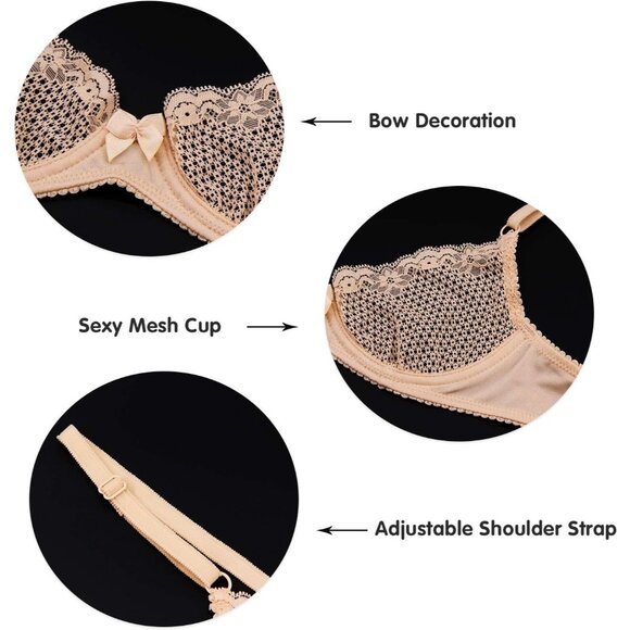 🆕 Women Cream Sexy Lace Cup Bra Balconette Mesh Underwired Demi Shelf Bralette - Picture 6 of 8